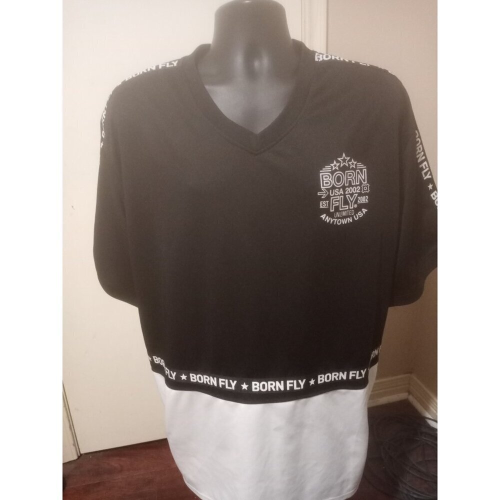 Born Fly Pullover Jersey T-Shirt Size 3XL Black White Men's Short Sleeve V-Neck